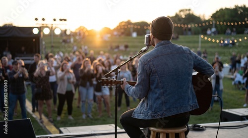 Musician performs on outdoor stage with guitar at sunset festival event