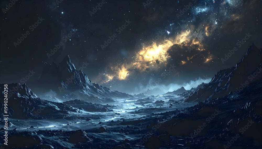 Fototapeta premium Misty mountain peaks under dramatic cosmic sky with golden light breaking through clouds