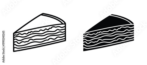 Minimalist cake slice vector icons, black and white layered crepe cake illustrations, sweet dessert pastry line art set for bakery menus