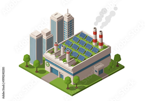 Vector Illustration of a City Factory with Solar Panels, Symbolizing Green Energy and Sustainable Urban Development
