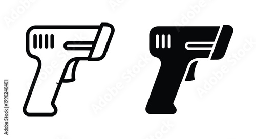 Barcode scanner vector icons, handheld laser reader symbols for retail and logistics, black outline and solid silhouette warehouse equipment set