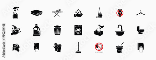 Cleaning and hygiene service icons for janitorial maintenance. Black silhouette symbols for laundry hand washing bathroom equipment sanitizing tools housekeeping supplies and waste management.