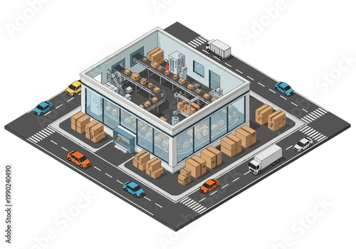 Isometric vector illustration of a modern urban factory with delivery trucks and boxes, symbolizing industry and logistics