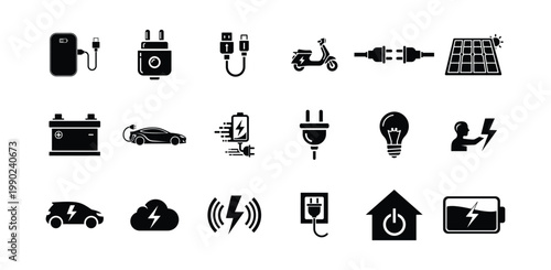 Electric vehicle and green energy icons collection. Set of charging station battery power symbols renewable energy sources electricity infrastructure and sustainable transportation elements.