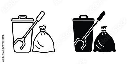 Minimalist trash collection icons, black outline and solid silhouette garbage bin with litter picker tool and waste bag, sanitation service vector set