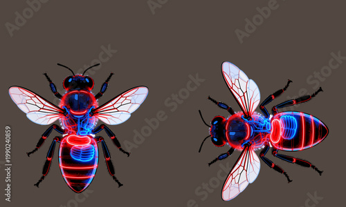 Glowing Transparent Bee Anatomy Red Blue X-Ray Style