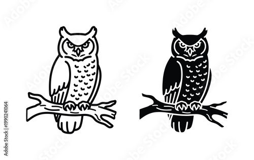 Minimalist owl vector icons, black and white bird of prey illustrations, wise horned owl sitting on tree branch, nocturnal animal line art set