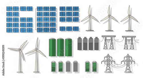 Top View Solar Panel and Renewable Energy Vector Set with Wind Turbines Batteries and Power Stations
