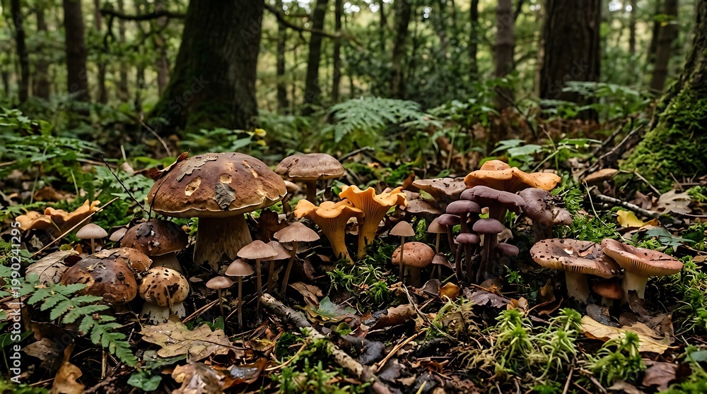 Fototapeta premium Mushrooms Growing in Forest Underbrush in Natural Setting