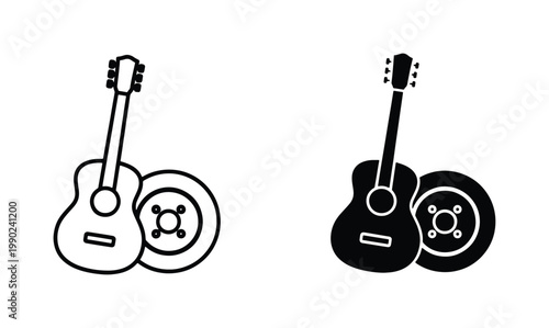 Acoustic guitar and vinyl record icons, minimalist music instrument vector set, black and white line art and solid silhouette symbols for audio branding