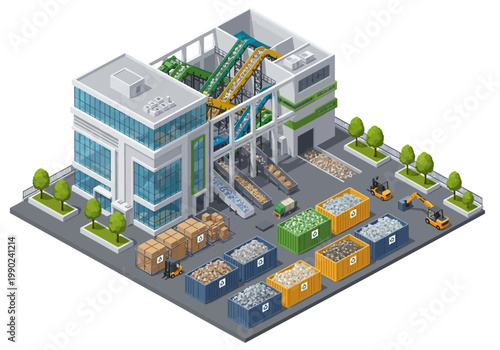 Isometric vector illustration of a modern recycling plant with organized waste bins and delivery trucks