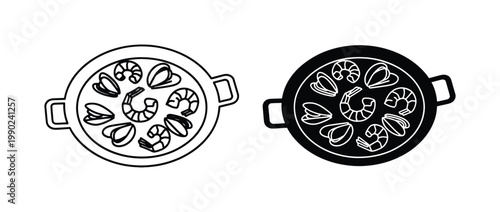 Spanish seafood paella vector icons, traditional mediterranean cuisine line art, black and white shrimp and mussels rice dish illustrations