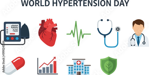World Hypertension Day vector icons celebrating healthcare awareness and medical science