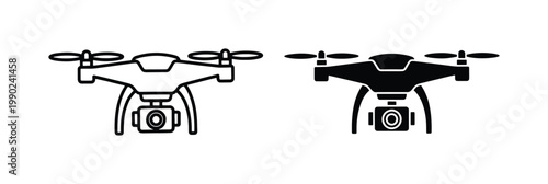 Modern drone icons with camera, quadcopter vector silhouettes in outline and solid black styles, aerial photography and surveillance technology symbols