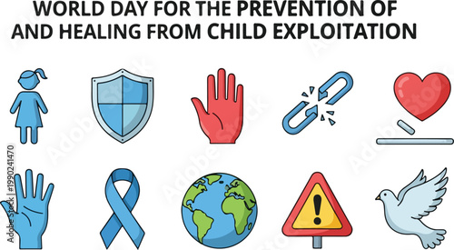 Child exploitation prevention vector icon set for World Day awareness