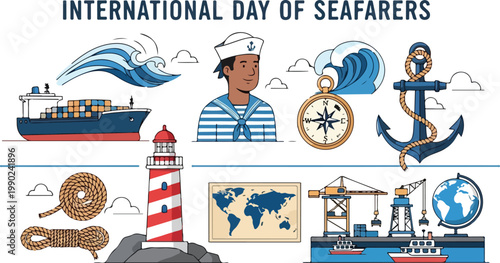 Vector icons for International Day of Seafarers, celebrating maritime professionals and the sea