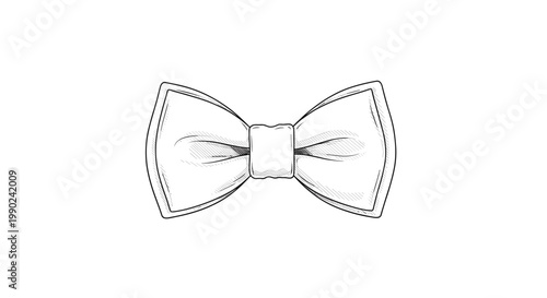 A classic white bow tie is rendered in a meticulous hand-drawn sketch style featuring subtle grey shading and fine outlines against a stark background.