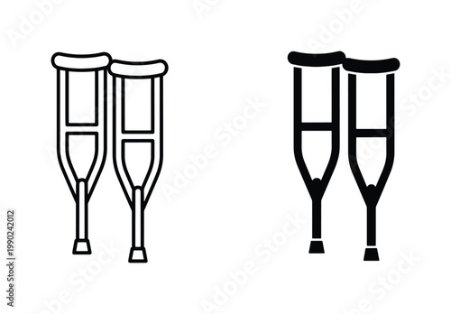 Medical crutches vector icons set, black and white orthopedic walking aids, mobility equipment symbols for healthcare and injury recovery