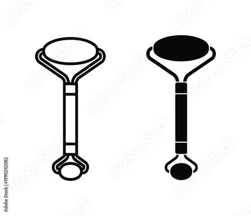 Minimalist facial roller icons, black and white jade roller vector set, skincare massage tool illustrations for beauty branding and spa menus