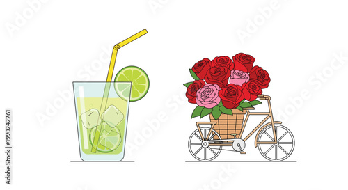 A refreshing glass of chilled lime juice with ice and a yellow straw is positioned beside a vintage bicycle carrying a large basket of beautiful red roses.