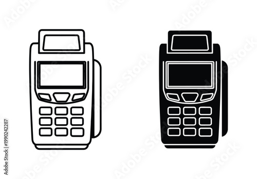 Minimalist POS terminal icon set, credit card reader vector illustration, black and white electronic payment machine symbols for retail and banking