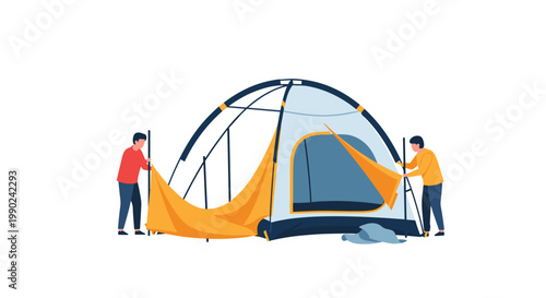 Two active campers in colorful shirts work together to assemble a large blue and white dome tent featuring bright yellow fabric accents for their trip.