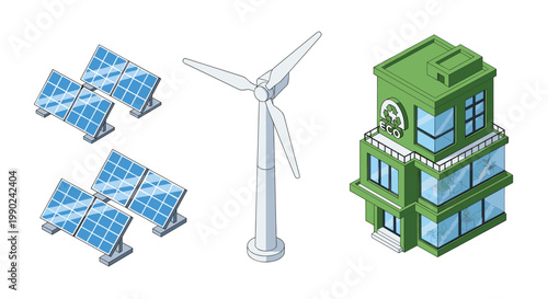 Modern isometric eco-friendly building stands beside efficient solar panel arrays and a tall white wind turbine against a minimalist white background setting.