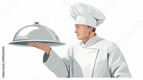Professional Chef in Uniform Presenting a Cloche Covered Dish with Culinary Expertise and Flair