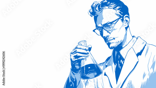 Stylized illustration of a focused male chemist meticulously analyzing a chemical solution in a laboratory flask