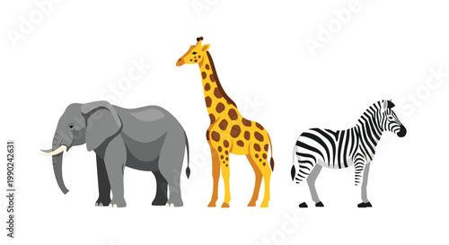 A large grey elephant and a tall spotted giraffe stand beside a striped zebra in a clean profile view against a minimalist and stark white background.
