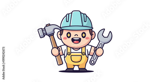 Smiling cartoon worker with hammer and wrench, embodying diligent effort and skilled trades. Ideal graphic for celebrating labor's day and honoring professionals