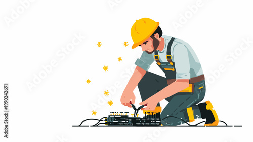 Skilled Electrician Working on Electrical Panel with Tools and Safety Helmet, Professional Installation and Repair