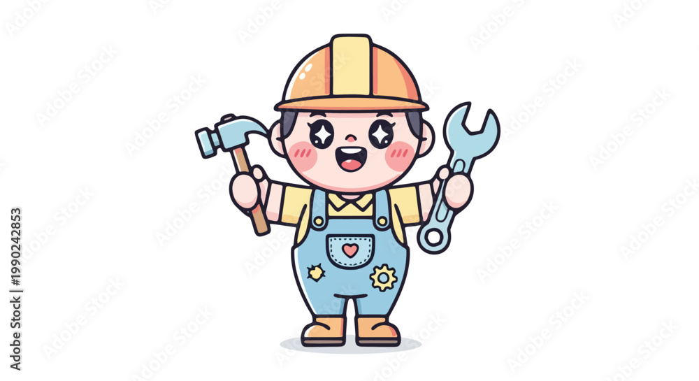 Fototapeta premium Happy Labor's Day! A cheerful construction worker in overalls and a hard hat holds a hammer and wrench, celebrating the spirit of hardworking individuals worldwide