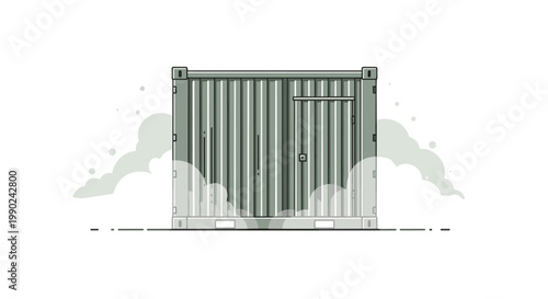 A meticulous grey industrial shipping container stands firmly amidst soft billowing white smoke clouds against a clean and minimalist white background.