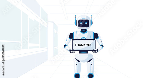 A tall and sleek white robot stands prominently within a bright futuristic laboratory corridor while holding a horizontal sign that displays a polite thank you message.