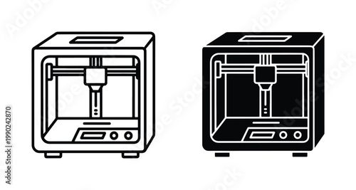 3D printer vector icons set, industrial additive manufacturing machine symbols, modern rapid prototyping equipment in line and glyph style