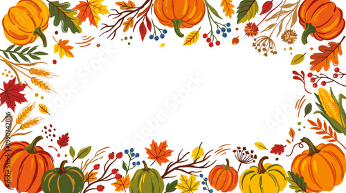 A festive autumn harvest border featuring pumpkins, gourds, corn, berries, and fall leaves on a white background.