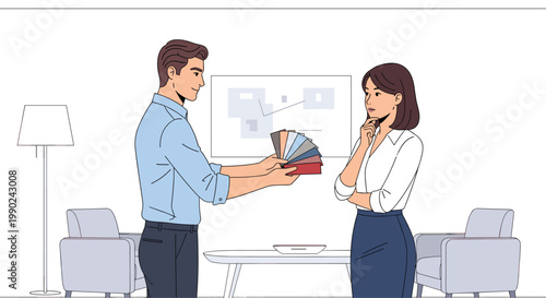 Meticulous vector illustration shows a professional interior designer presenting a variety of color swatches to a thoughtful female client in a modern room.