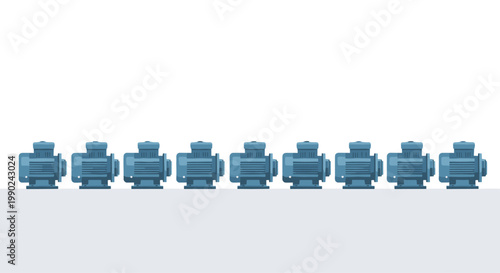 A precise sequence of nine identical blue industrial electric motors stands aligned on a clean gray floor against a minimalist white background.