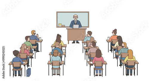 Detailed line art illustration features an elderly professor standing at a desk while teaching a classroom full of students seen from a rear perspective.