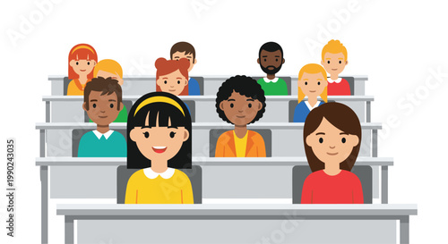 Vibrant flat vector illustration depicts a diverse group of multicultural students sitting at grey desks in a classroom during an engaging educational lecture.
