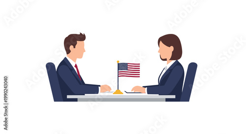 Formal vector illustration showcases two professional diplomats in dark suits engaged in a serious discussion at a table featuring a small American flag centerpiece.