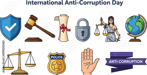 International Anti-Corruption Day vector icons representing justice, law, and transparency