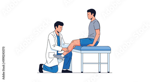 Professional medical illustration depicts a doctor in a white lab coat kneeling to perform a thorough physical examination on a patient's leg in a clinic.