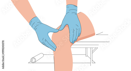 Meticulous medical illustration shows a healthcare professional wearing sterile blue gloves carefully examining a patient's knee joint on a white clinical background.