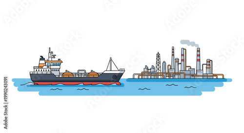 Detailed line art illustration depicts a large oil tanker ship navigating blue waters near a complex industrial refinery with smoking towers and intricate pipes.