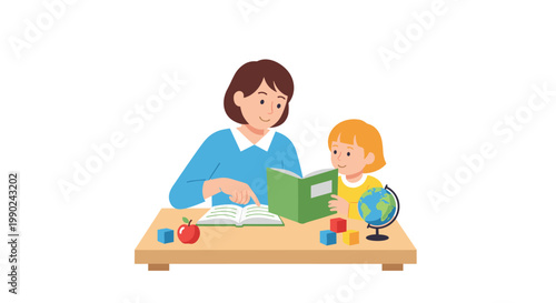 A patient female educator points to text in an open book while teaching a young blonde girl at a wooden desk under bright and warm indoor lighting.