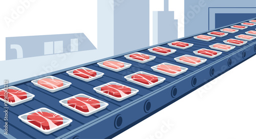 Numerous packages of fresh red raw steaks in white plastic trays move along a blue industrial conveyor belt within a clean food processing facility.