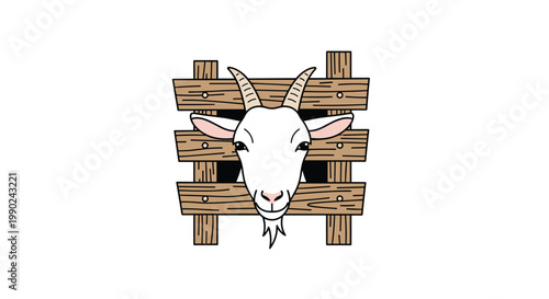 A charming white goat with curved horns and soft features peeks its head through a rectangular opening in a rustic brown wooden plank fence structure.