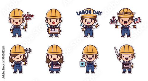 Happy Labor's Day sticker pack featuring cute construction workers in hard hats holding tools and Malaysian flags, celebrating workers and professionals